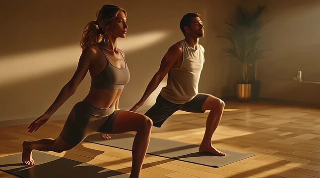 A man and woman practicing hot yoga together in a serene studio with natural light