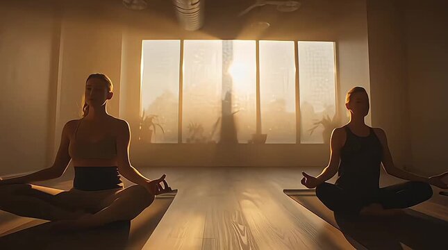 Serene women practicing hot yoga in a peaceful indoor studio at sunrise with a calming atmosphere