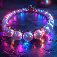 Pearl bracelet on shiny surface with vibrant, neon lighting creating a dramatic and elegant scene