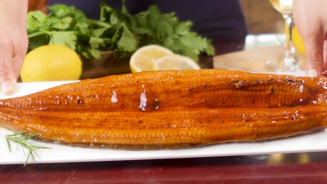 Japanese Grilled Eel with Teriyaki Sauce and Lemon Garnish - Traditional Asian Unagi Dish