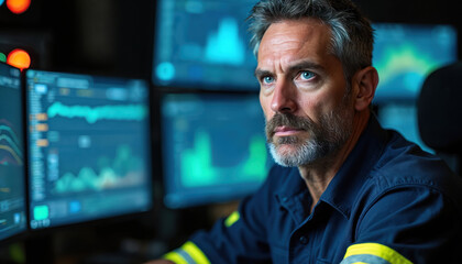 Man in uniform watches monitors with data graphs in control room. Focuses intently on screens displaying information during emergency response operation. Operator monitors systems. Technician works
