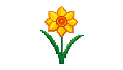 Pixelated daffodil illustration with bright yellow petals and green stem/leaves on a clean white background