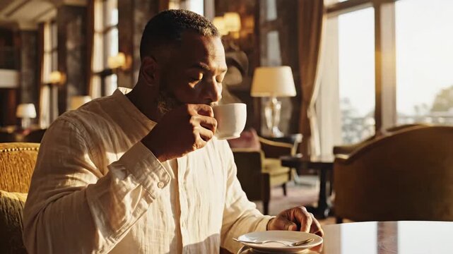 Handsome African American man in a linen shirt enjoying his morning coffee in a sunlit, luxurious hotel lounge