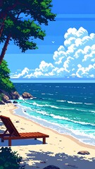 Pixelated beach scene with blue sea, white clouds, tree, and a wooden chair. Serene & nostalgic landscape art