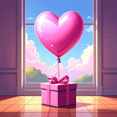 Pink heart balloon floating above a giftbox in a bright sunlit room with a blue sky and pink clouds outside