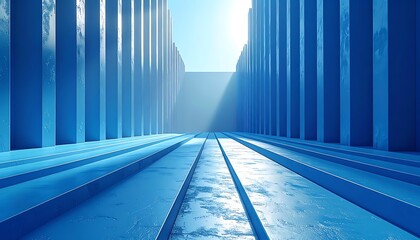 Perspective view of blue, geometric structures under a bright sky, creating a long corridor-like space