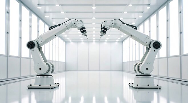 Advanced robotic arms in a pristine, high-tech manufacturing cleanroom, symbolizing precision automation and future industry