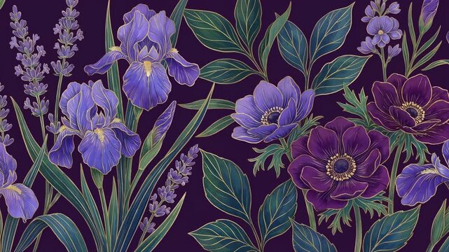 A close-up captures a detailed floral pattern featuring irises, anemones and lavender blossoms, all elegantly set against a deep background.