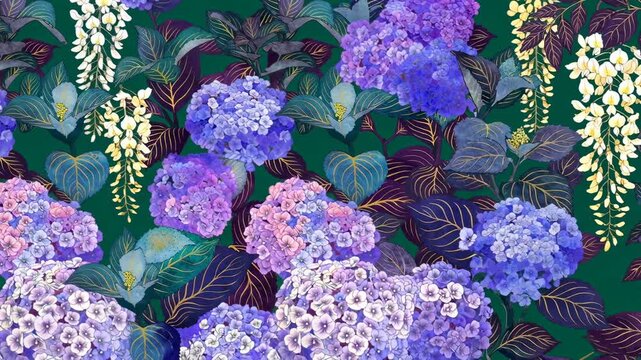 A mesmerizing pattern of vibrant purple and blue hydrangea blooms, interwoven with delicate white wisteria blossoms, all set against a backdrop of rich green foliage. A visual feast for the eyes.
