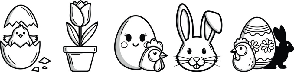 Black and white cartoon Easter including hatching chick tulip potted plant smiling egg chicken bunny and decorated egg © Ambia Art