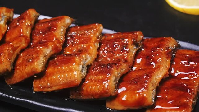 Grilled Japanese Eel Unagi with Teriyaki Glaze on Black Plate - Traditional Asian Cuisine