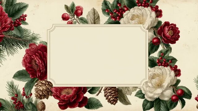 An elegant Christmas floral border adorned with roses, berries, and pinecones, framing a central text area. Inviting warmth and beauty of the season.