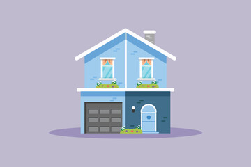 Cute house with two floors in blue. Cute House and Building Concept. Colored flat vector illustration isolated