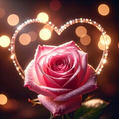 Pink rose with water droplets framed by glowing heart against a bokeh background creates a romantic ambience