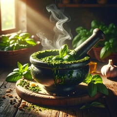 Pesto in a dark mortar, surrounded by basil and garlic, on wooden board, with bright sun through a window