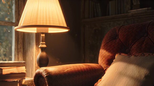 Cozy reading corner interior design with armchair by the window, floor lamp and stack of books, gentle camera push-in, warm evening light, 4K