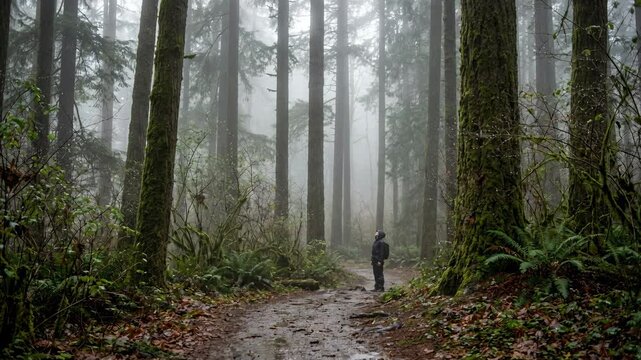 A solitary figure immersed in the tranquility of a dense, atmospheric forest, enveloped by mist and the towering presence of mature trees, lost in thought.