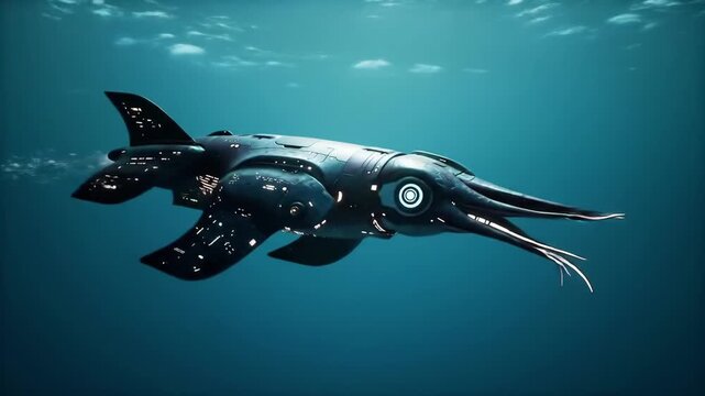 Futuristic submersible squid cruising ocean, sky background. Conceptual design for exploration or sci-fi themes