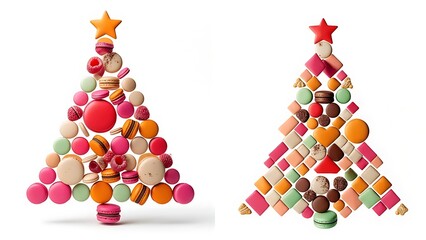 Two holiday trees crafted from colorful circular and geometric desserts on white, topped with star-shaped treats