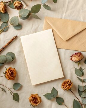 Vintage Inspired Flat Lay with Dried Floral Elements, Empty Greeting Card, and Brown Envelope