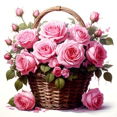 Pink roses arranged in a woven wicker basket with green leaves, against a white backdrop