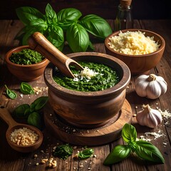 Pesto preparation display. Fresh basil, garlic, and grated cheese with pesto in a wooden bowl and spoon on a wood surface