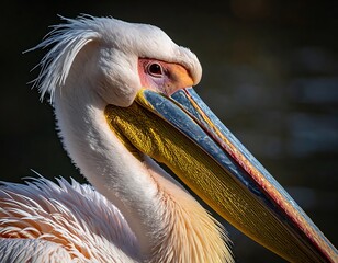 Pelican portrait close-up shows its unique feathers, textured beak, and intense eye, set against a dark, blurred background