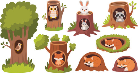 Cartoon forest animals in tree trunks, burrows and stumps, cute wildlife illustration, nature shelter clipart, kids educational design © Creative Art