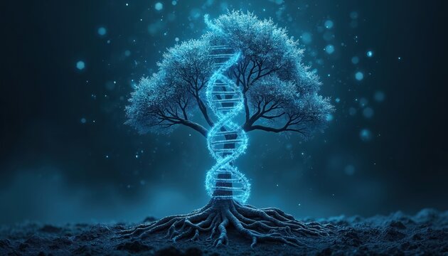 Tree of life intertwines with glowing DNA helix structure. Deep roots anchor earth, branches reach skyward. Abstract concept of genetics, ancestry, growth, and science.