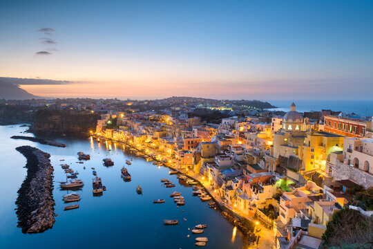 Procida, Italy old town skyline in the Mediterranean Sea