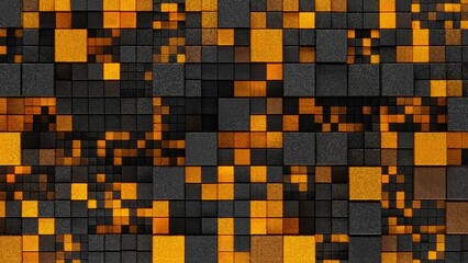 Abstract 3D composition of square tiles forming a glowing orange and dark metallic grid. The geometric pattern features smooth and rough textures, high contrast, and reflective surfaces, creating a