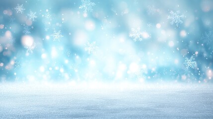 Blue and white snowflakes with sparkling bokeh effect for winter themed designs and holiday events in soft light with festive snowflake decorations and high resolution details.