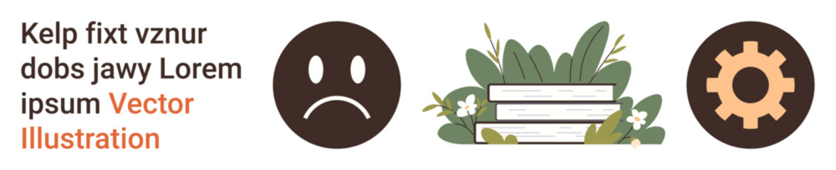 Fototapeta premium Education, emotional health, learning tools, growth, innovation, self-improvement. Sad face, books with greenery gear icon. Emotional health and education ideas