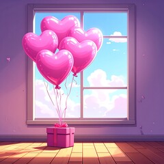 Pink heart balloons tied to a gift box near a window