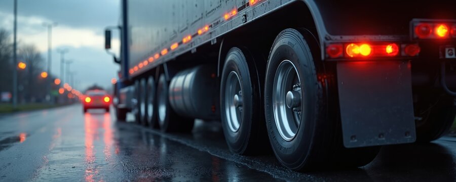 Heavy truck tires on wet asphalt road. Vehicle drives in rain on highway with red tail lights reflecting. Transportation and logistics theme.