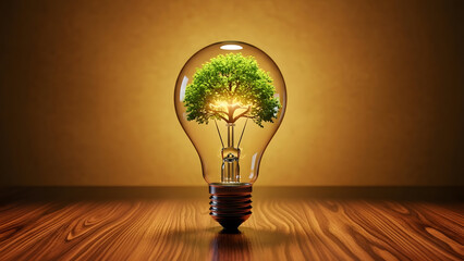 Eco-friendly innovation concept with tree inside glowing light bulb