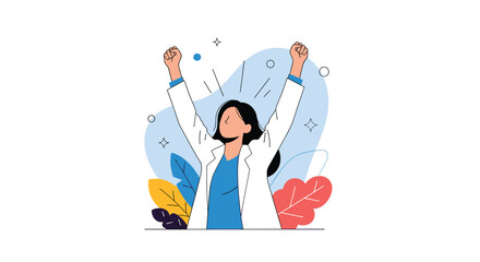 Joyful female researcher in a white lab coat celebrates a major scientific breakthrough with her arms raised high.
