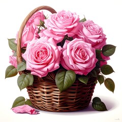 Pink roses bloom in woven basket, green leaves accenting. Soft, diffuse light. Floral display with a delicate, romantic feel