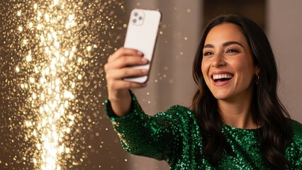 A joyful woman in a sequined top smiles, taking a selfie with her phone amidst golden sparkling lights