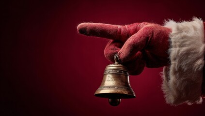 Santa Claus Hand Ringing Vintage Gold Bell on Red Background
