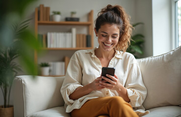 Obraz premium Smiling woman relaxes on sofa chatting online with friends. Female browses social media on smartphone, enjoys leisure time at home. Happy person uses mobile device, connects digitally with loved ones.