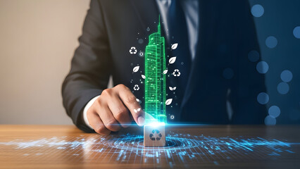 Businessman interacting with sustainable cityscape on digital interface