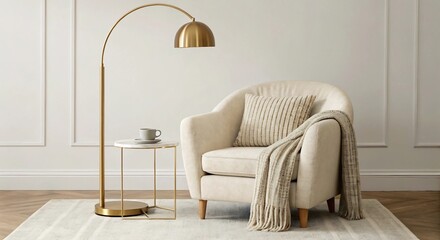 Cozy armchair next to a modern arc floor lamp with a side table holding a cup and saucer