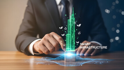 Businessman interacting with smart city infrastructure concept