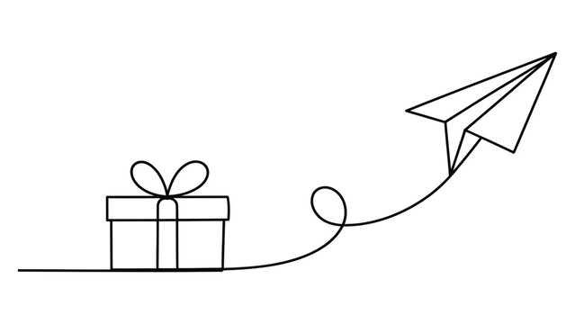 Minimal one line gift box and paper airplane illustration symbolizing surprise delivery celebration and joyful message concept isolated on white background