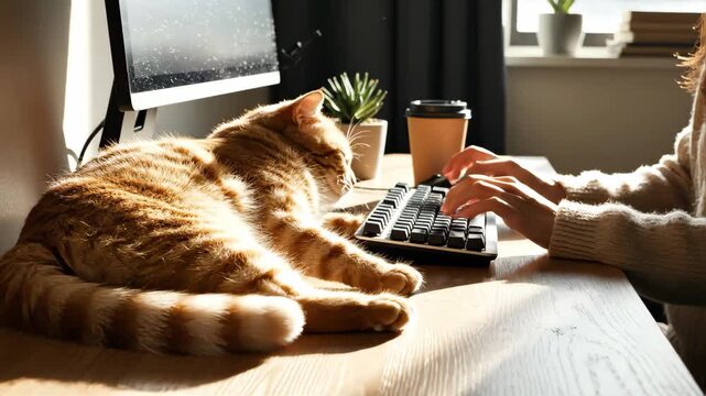 Ginger cat lying on desk beside keyboard while owner types in sunlit home office. Remote work with pet companion