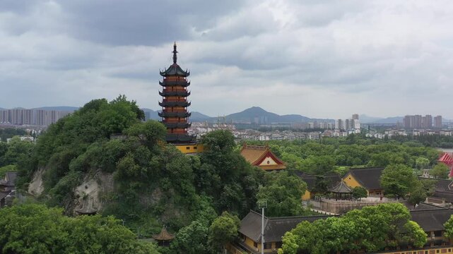 Scenic Aerial View of Traditional Chinese Pagoda in Jinshan Area Zhenjiang Jiangsu Province China
