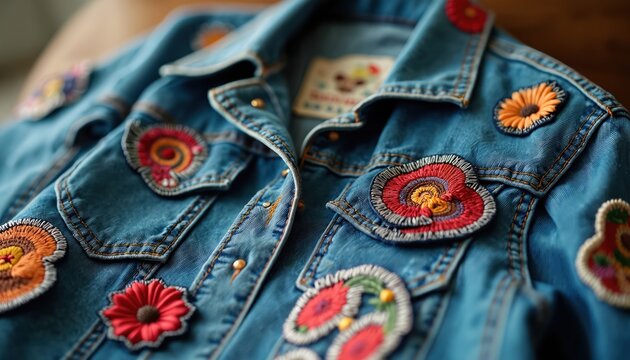 Close up on blue denim jacket adorned with colorful embroidered patches. Floral and abstract designs add unique flair to casual outerwear. Detailed fabric texture and stitching visible on apparel.