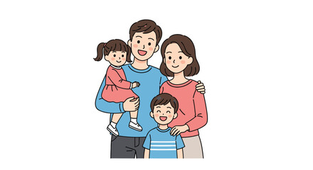Portrait of a happy young family with two children standing together and smiling at the camera for a photograph.