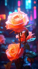 Pink roses blooming against a blurred, colorful neon city lights background, creating a vibrant contrast
